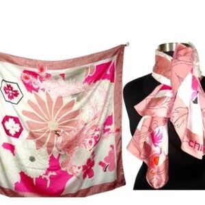 Chico's Scarf Living Beyond Breast Cancer Pink Floral Bird Satin 42 X 42 Inches